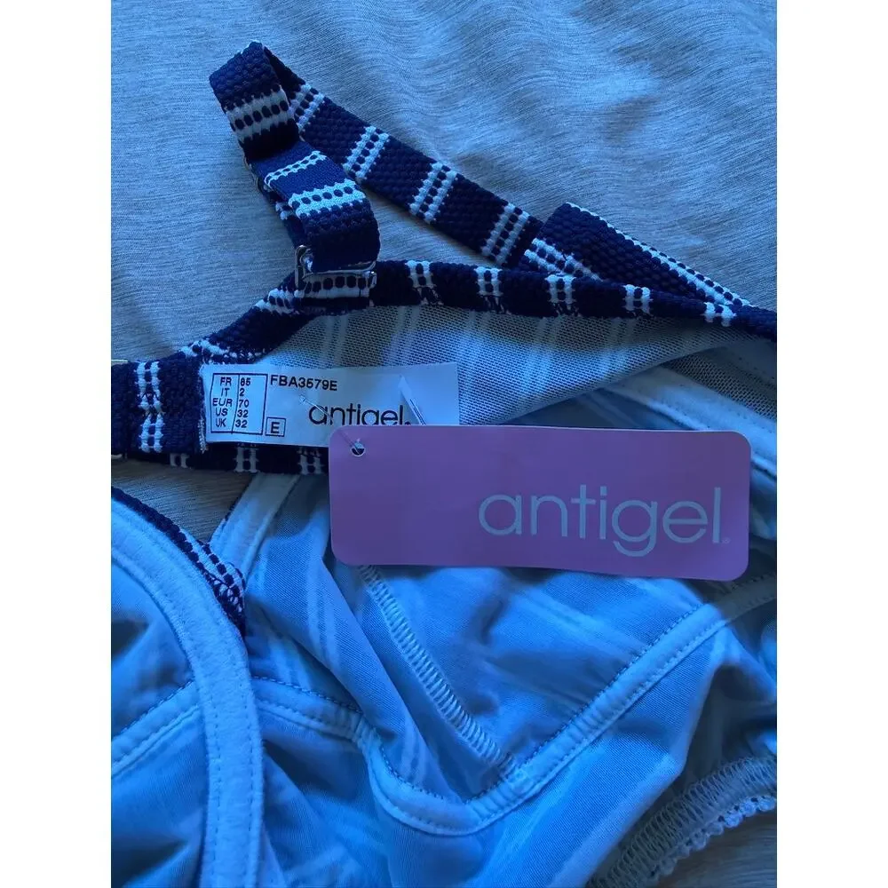 antigel by lise charmel navy blue & white stripe bikini top women size 32e